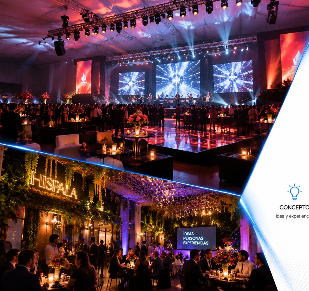 Evento nocturno con escenario iluminado y celebración con decoración